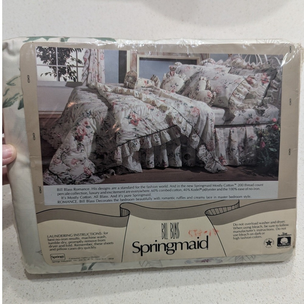 New Vintage Springmaid Bill Blass Flat Sheet Floral Lace Trim Twin No Iron